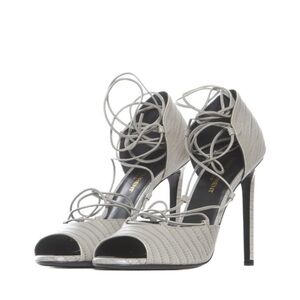 Saint Laurent Embossed Leather Gladiator Open Toe Heels Gray lace up ankle Wrap